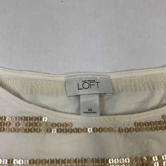 LOFT Sequin T-Shirt Ivory Gold Striped Short Sleeve Boat Neck Top Stretch Tee XS - Picture 4 of 11